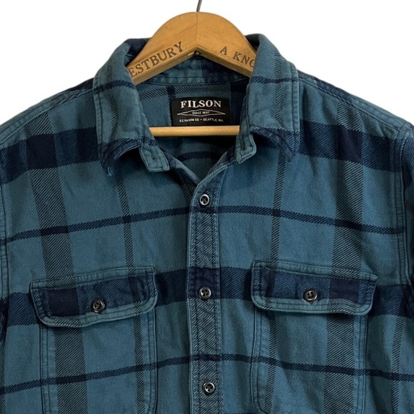 Filson Flannel Work Shirt Blue Navy Plaid Long Sleeve Button Up Mens M‎ Cotton - Picture 6 of 8